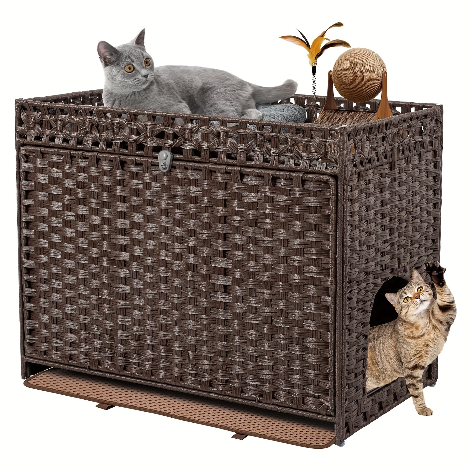 

Rattan Cat Litter Box Enclosure Furniture Hidden, Pet House For Large Cats, Indoor Cat House With Soft Litter Mat And Door, Brown.