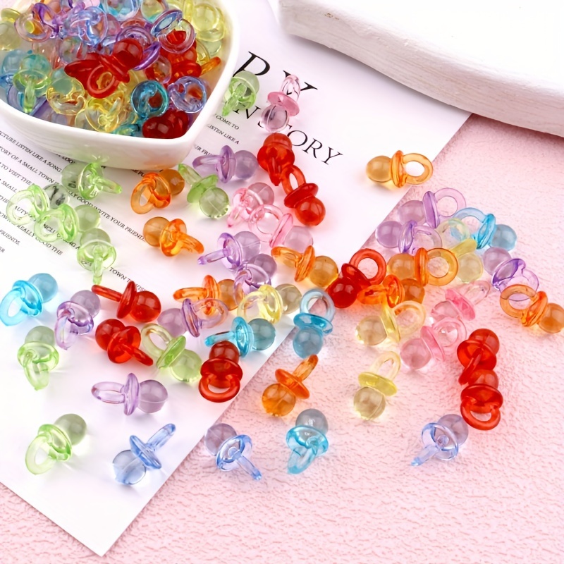 

100pcs Mini Acrylic Transparent Pacifier Decorations, Assorted Colors Mini Pacifier Hanging Charms For Baby Showers And Party Favors - No Batteries Required, Feather-free