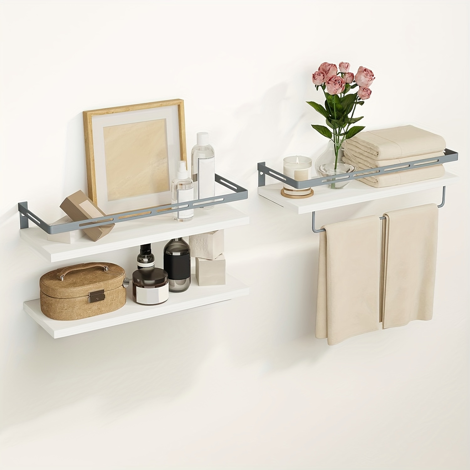 

White And Gray Bracket, 3+1 Tier Bathroom Shelves, Wall Mounted Floating Shelves With Metal Frame, Over Toilet With Wire Storage Basket And Towel Bar For Bathroom, Kitchen, Bedroom