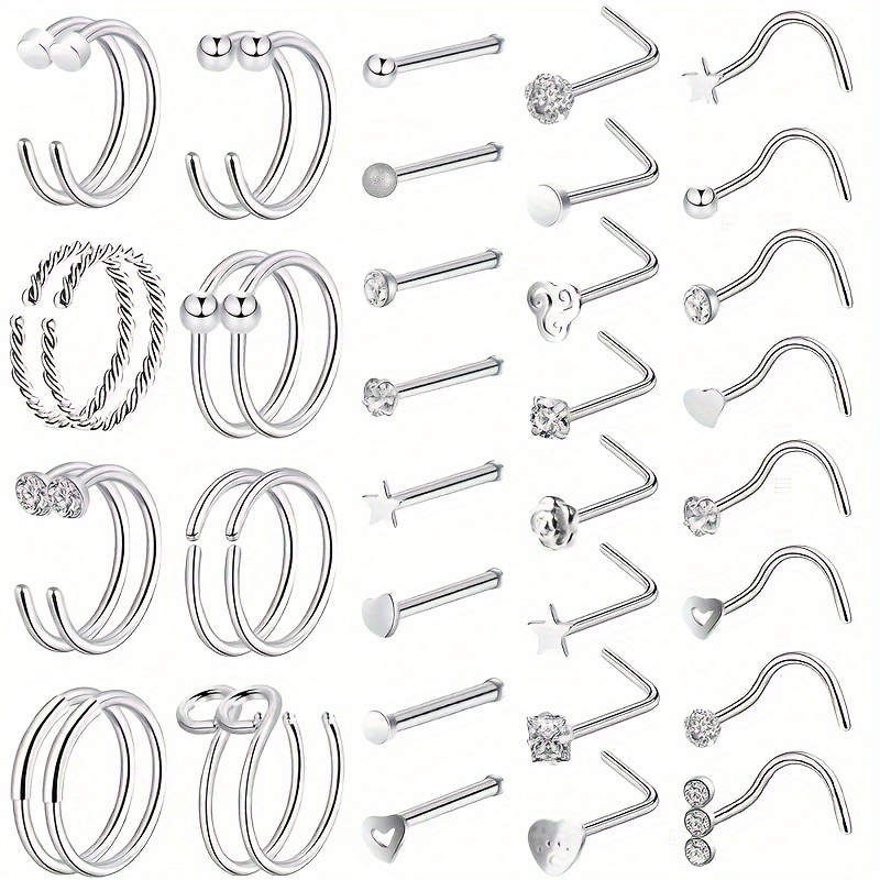 

40 Pcs Nose Ring Nose Nail Surgical Stainless Steel Screw L Shape Needle Bone Nose Nose Piercing Jewelry For Women Men