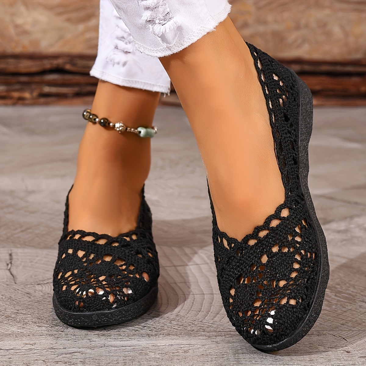 E-shop 1 Paar Damen Freizeitmode Temperament Atmungsaktive Slip-On Schuhe - Damen Mesh Sneaker, Schuhe im Ethno-Stil, Hollow Lace Damenschuhe, Flache