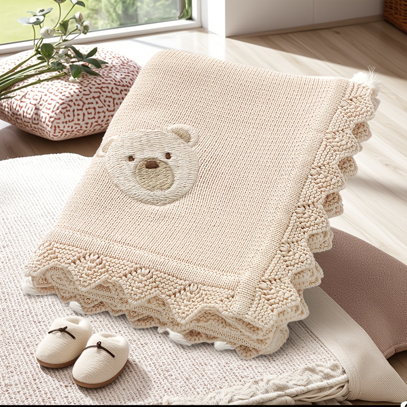 Image of Children's Knitted Throw Blanket With Cute Bear Embroidery And Openwork Lace, Baby Blanket, Newborn Gift, Air Conditioning Blanket