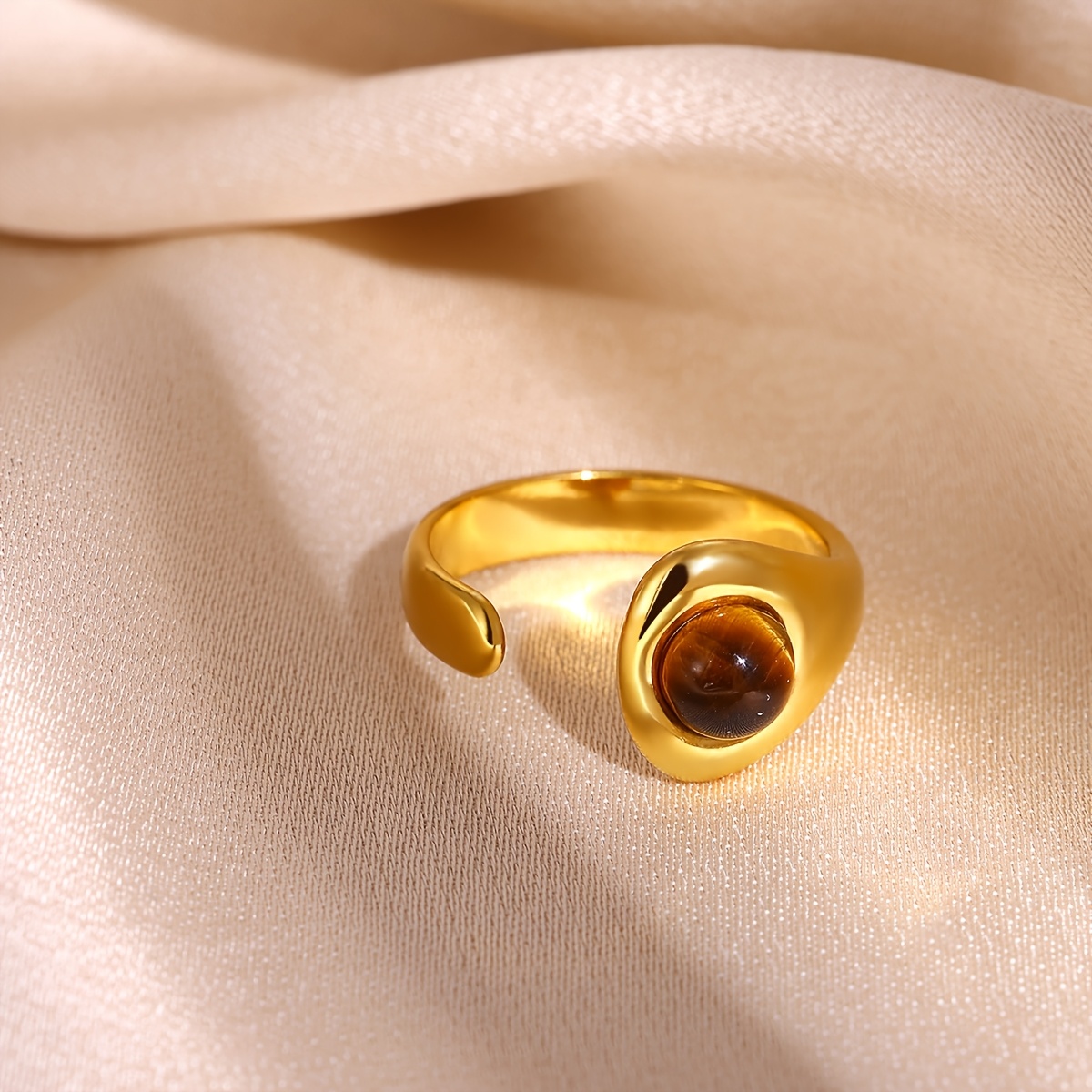 Women's Brown Faux Stone Open Stainless Steel Vintage Ring