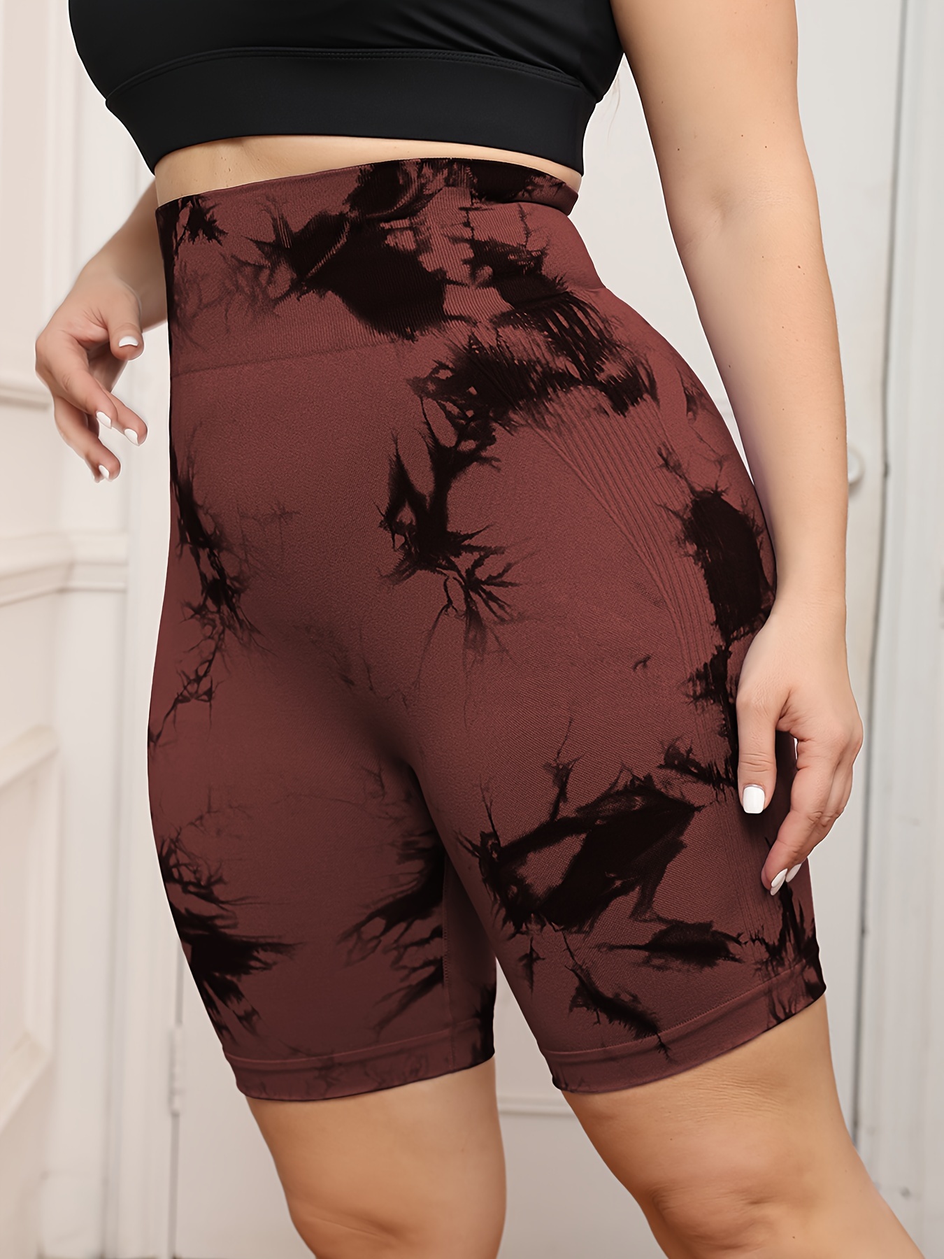 Plus Size Women's High-Waisted Tummy Control Yoga Shorts - Tie-Dye Design, Stretchy Machine-Washable Fabric for Summer Workouts & Casual Wear, Tummy Control Shorts, Stylish Workout Apparel, Highelastic Fabric