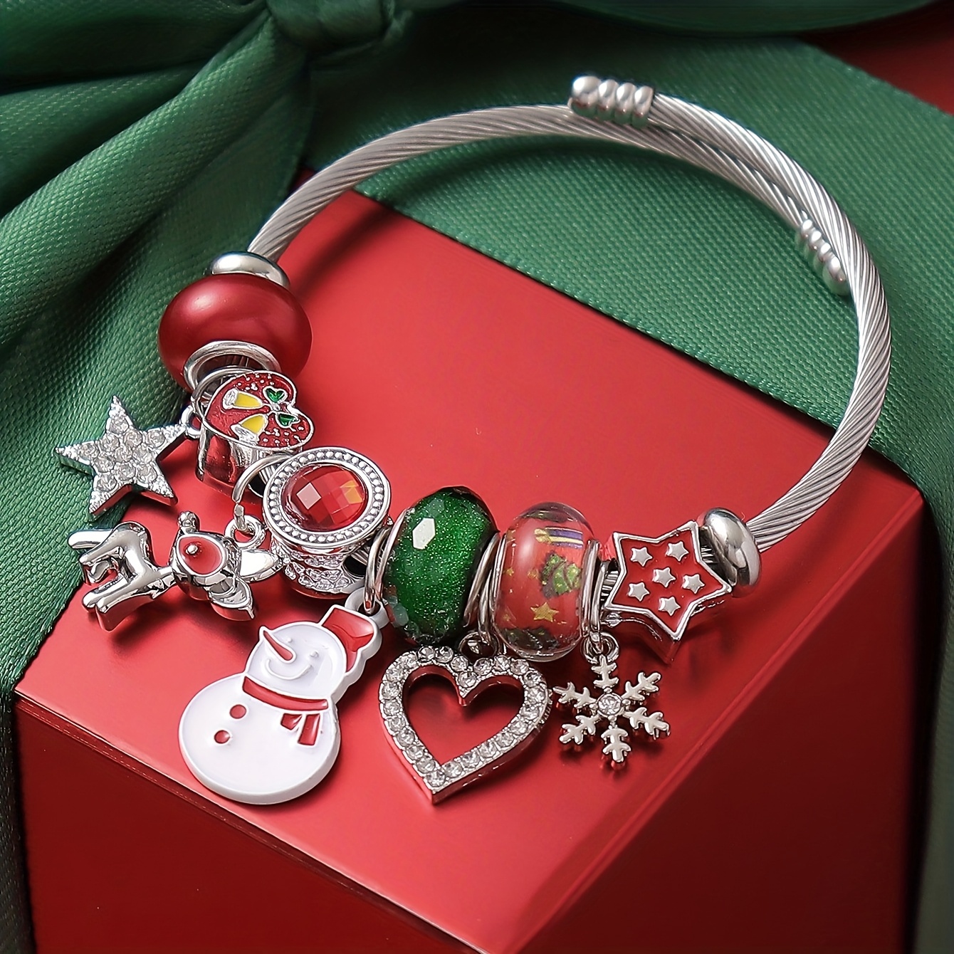 TEMU 1 Christmas Red And Green Color Scheme Painted Oil Snowman, Reindeer, Snowflake Pendant, Star Beaded Diy Bracelet, Stainless Steel Bangle,
