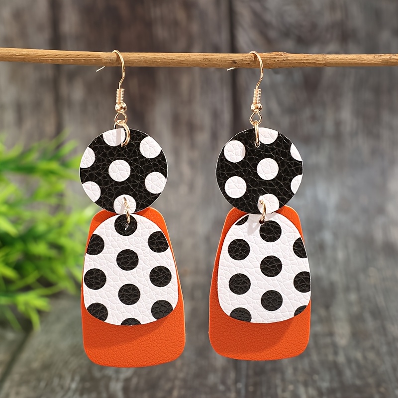 TEMU A Pair Of Bohemian-style Black And White Polka Dot Orange-spliced Pu Drop Earrings, Three-tiered Long Earrings