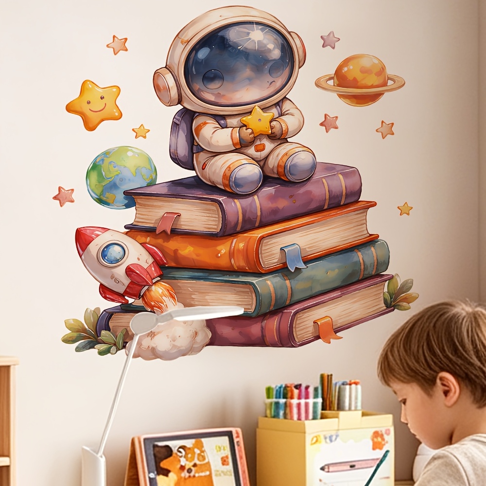 TEMU 1 pièce Autocollant mural autocollant 'astronaute de dessin , pour SATURN, autocollant décoratif amusant pour chambre de garçon, coin lecture de