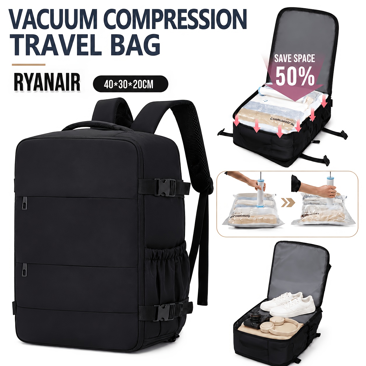 TEMU Ryanair Vacuum Compression Backpack 40x30x20cm, Underseat Travel Cabin Bag With Separate Vacuum Bags And Hand Pump, Shoe Compartment, Side