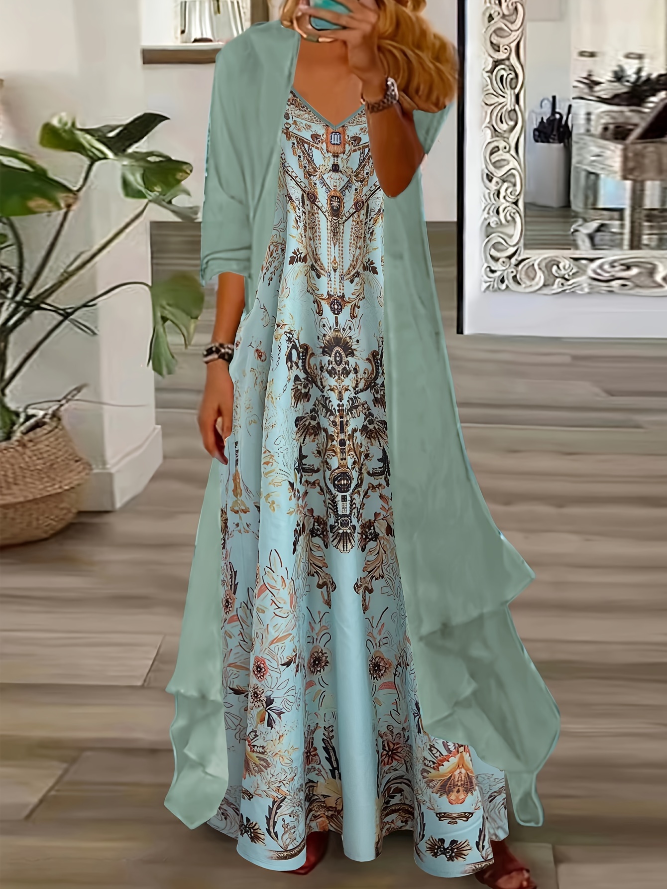 Элегантный комплект из двух предметов, платье с V-образным вырезом с цветочным принтом и открытый верх, женская одежда