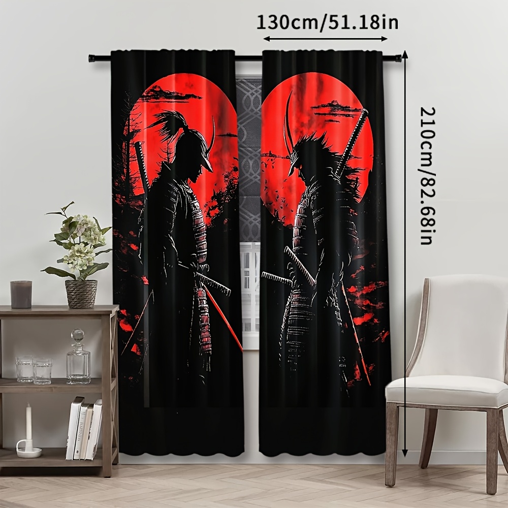 TEMU 2pcs, Japanese Ink Painting Curtains, Rod Pocket, Semi-transparent Polyester, Living Room, Kitchen, Bedroom & More, Machine Washable Home Decor