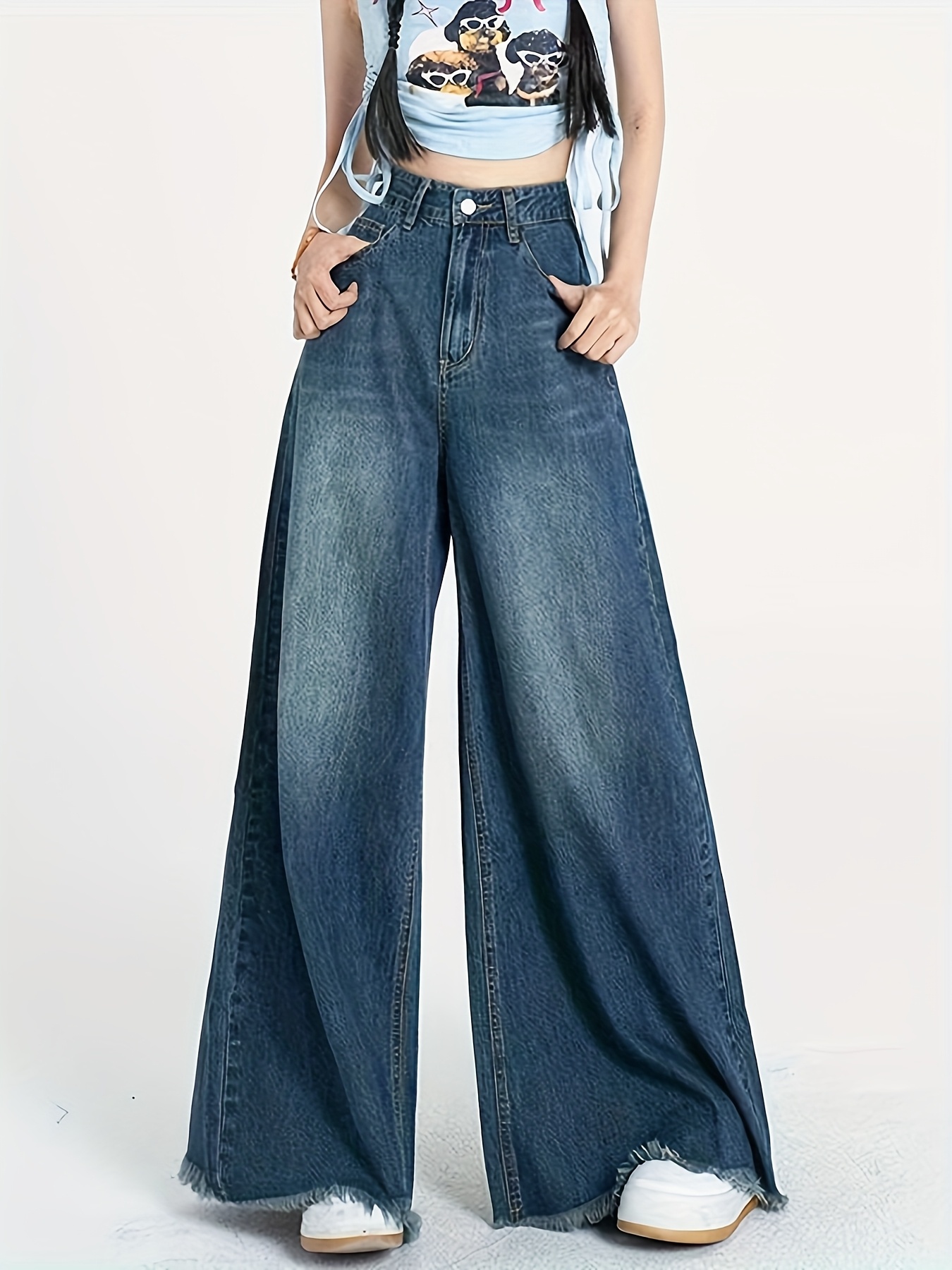 Women'S High-Waist Distressed Wide-Leg Jeans with Frayed Hem Dark Blue  Straight-Leg Pants, Casual for Casual Attire, High Waisted