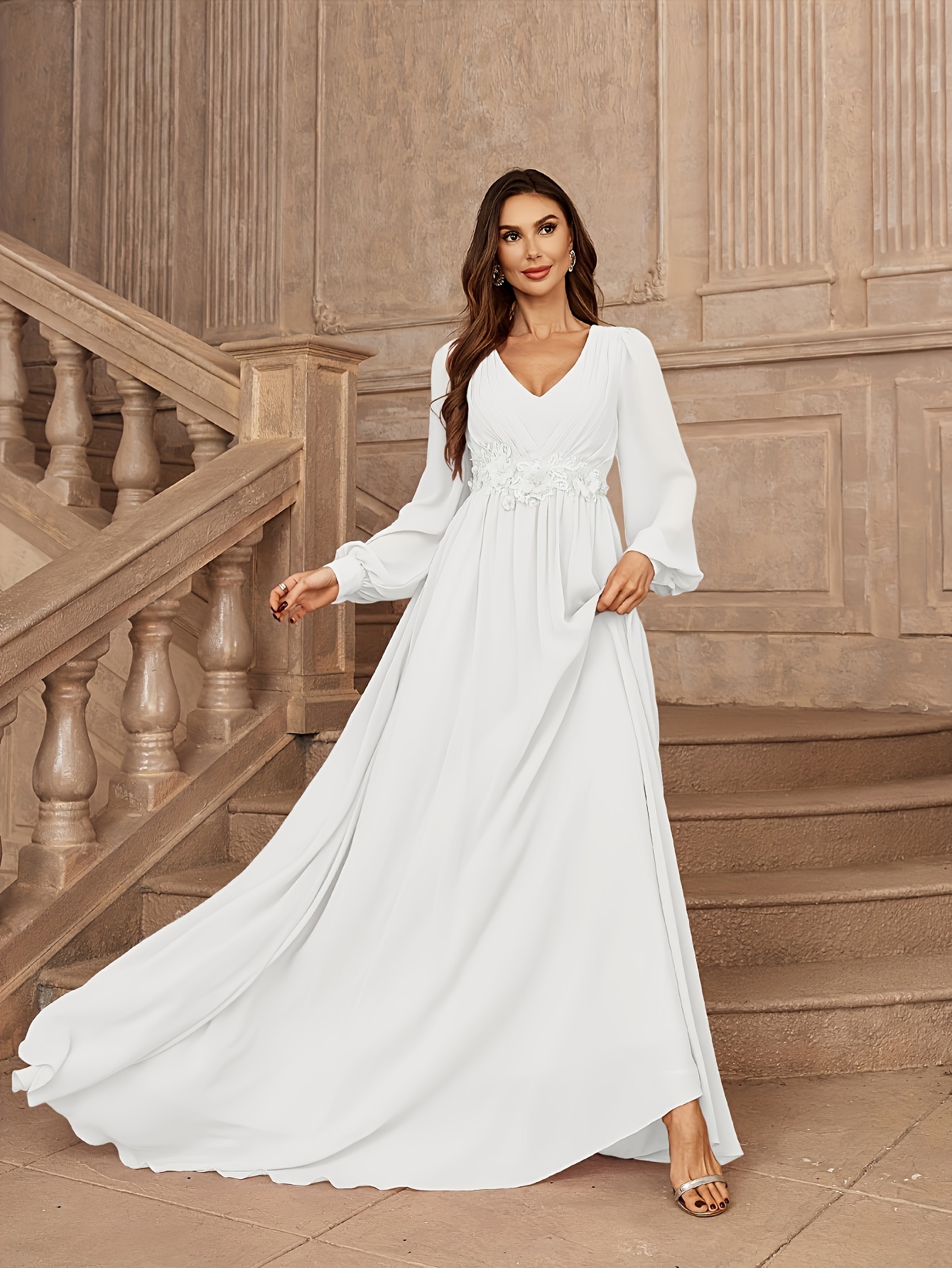v neck long sleeve chiffon flared dress women's clothing - Temu