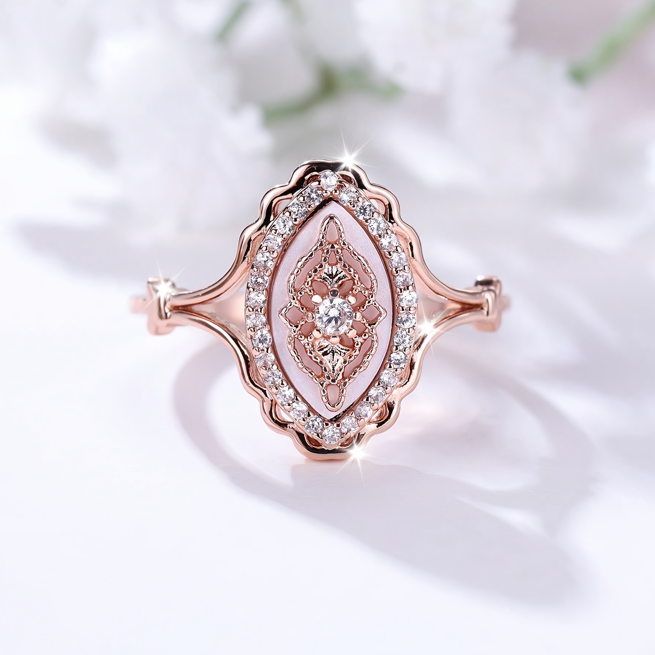 TEMU Bohemian Style Inlaid Synthetic Synthetic Synthetic Zircon​​ Shell Flower Shaped Ring, Suitable For Teenager' And Party Wear, Gift For Best