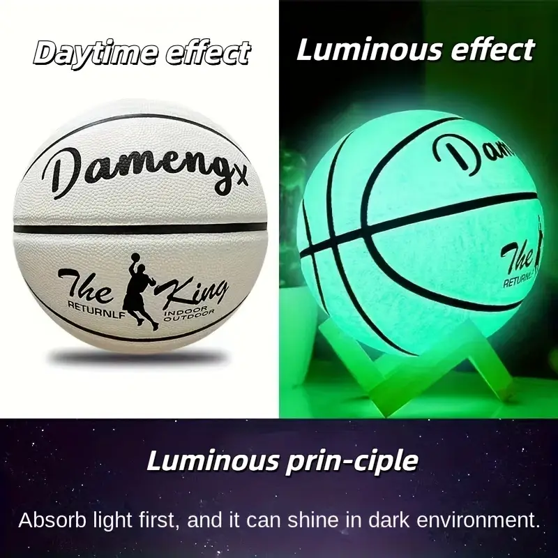 damengx glow in the dark basketball 9 6 inch adult size uncharged pu material anti slip official size 7 outdoor indoor basketball with nylon wrap yarn and butyl liner without battery details 6