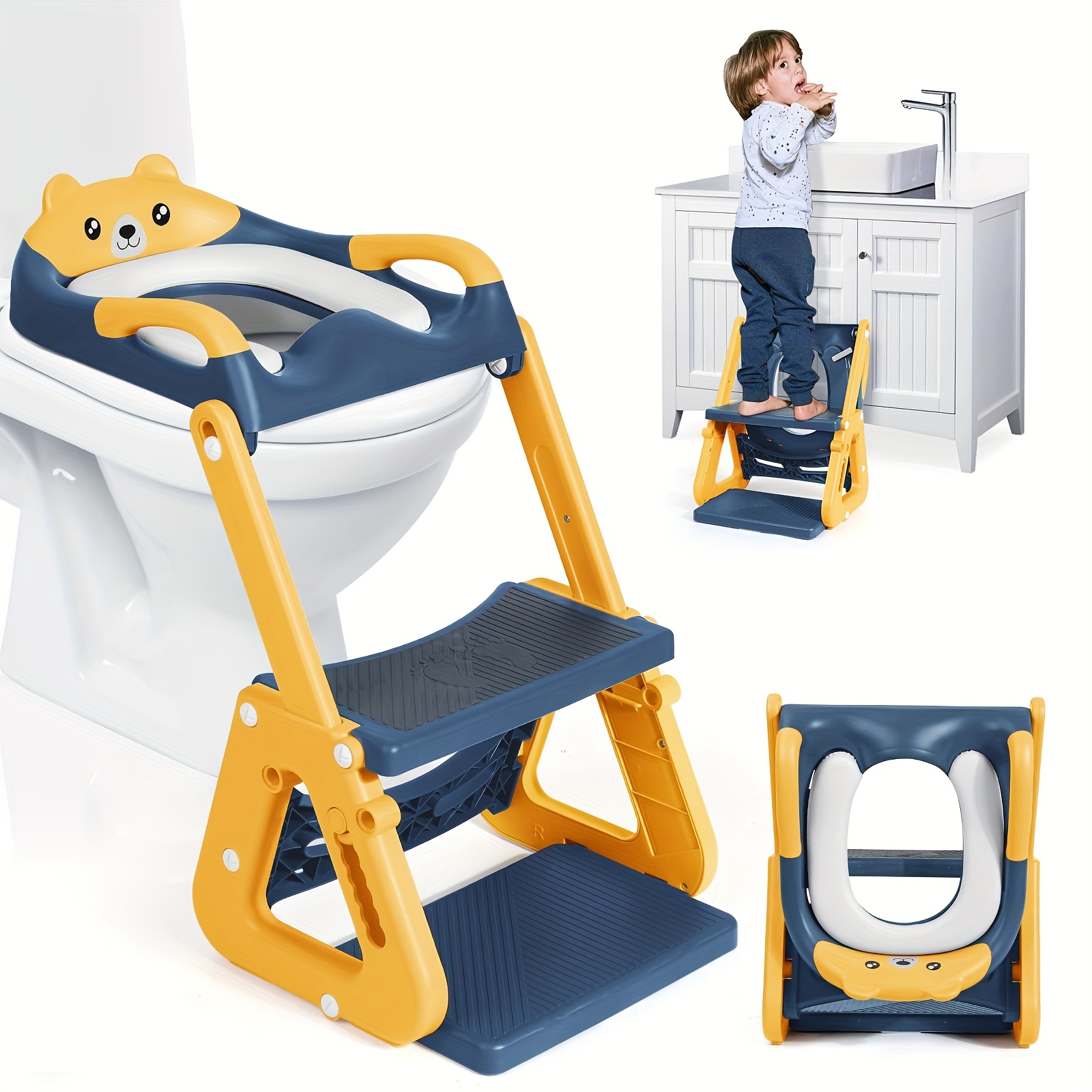 TEMU Siège de toilette double usage avec marchepied, siège de toilette à hauteur réglable pour tout-petits, conçu pour l'apprentissage de la propreté