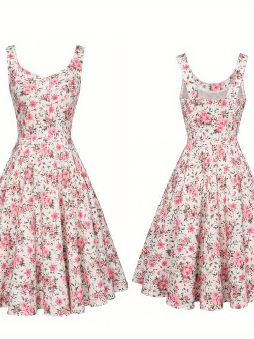 womens floral print v neck sleeveless a line dress casual polyester spandex blend frill detail woven fabric for spring summer floral print dress