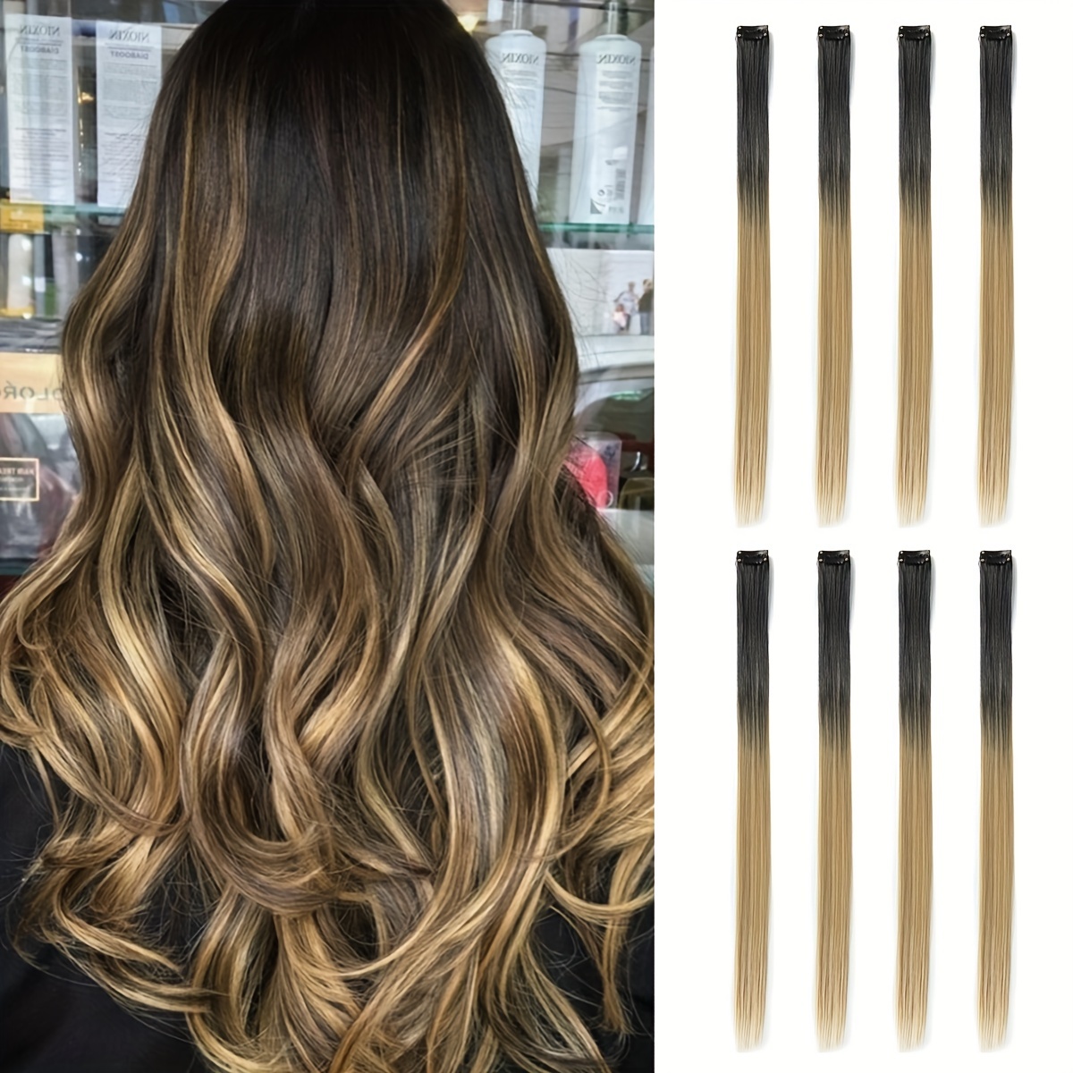 TEMU 8pz Extension per Capelli a Clip Sfumate Multicolore Blu, Grigio, , Marrone, Lunghe 20 Pollici, Capelli Sintetici Lisci, Costume di Halloween,