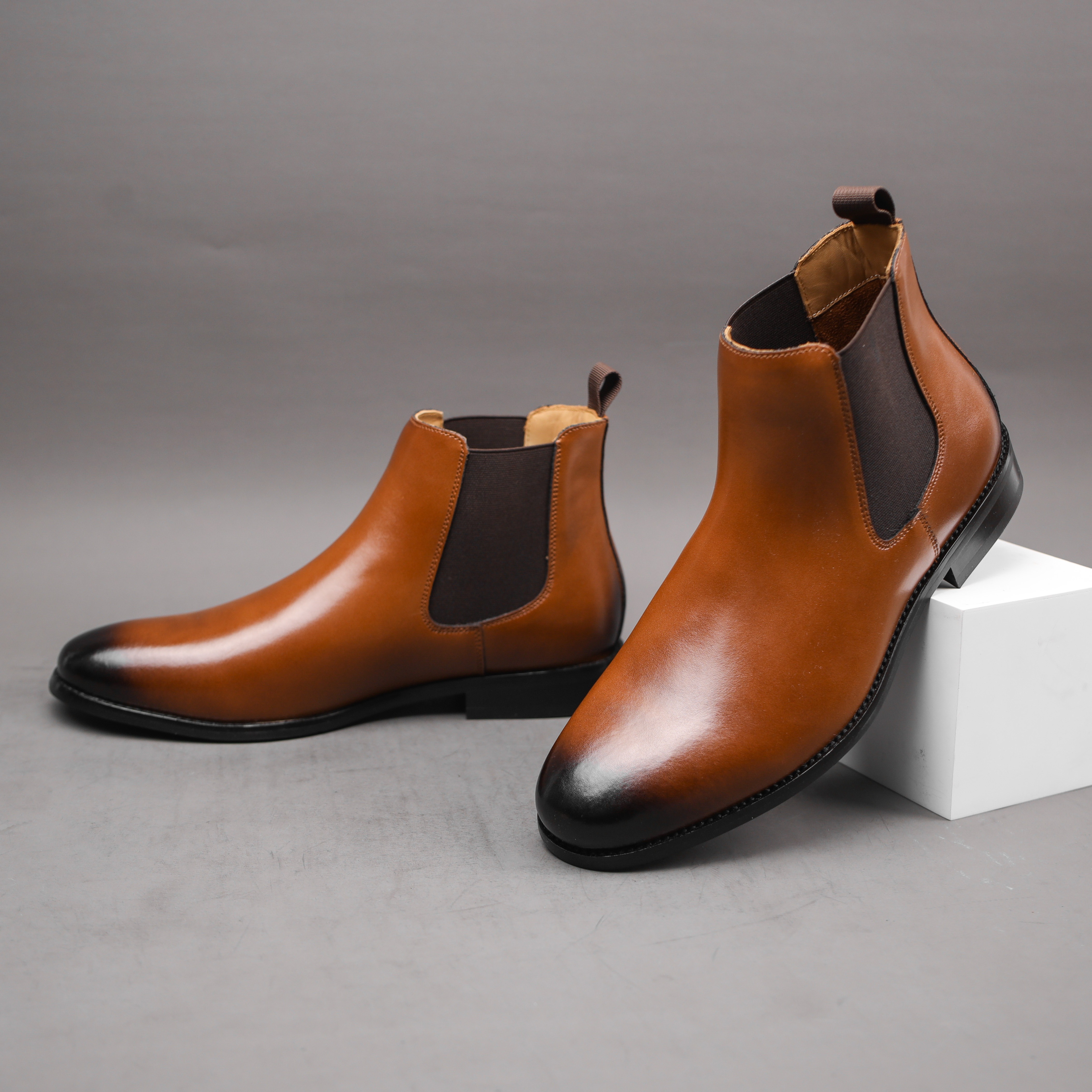 Botas de Cuero para Hombre Botines Cortos de Tobillo con Punta Redonda  Elástica y Sin Cordones Para Ideales