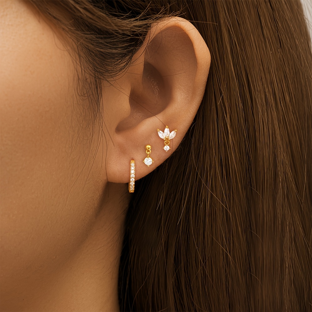 TEMU 3pcs Set Of Simple And Exquisite Fashionable Women's Pendant Earrings And Studs With 3a Zirconia, Hypoallergenic Copper, 18k Gold-plated