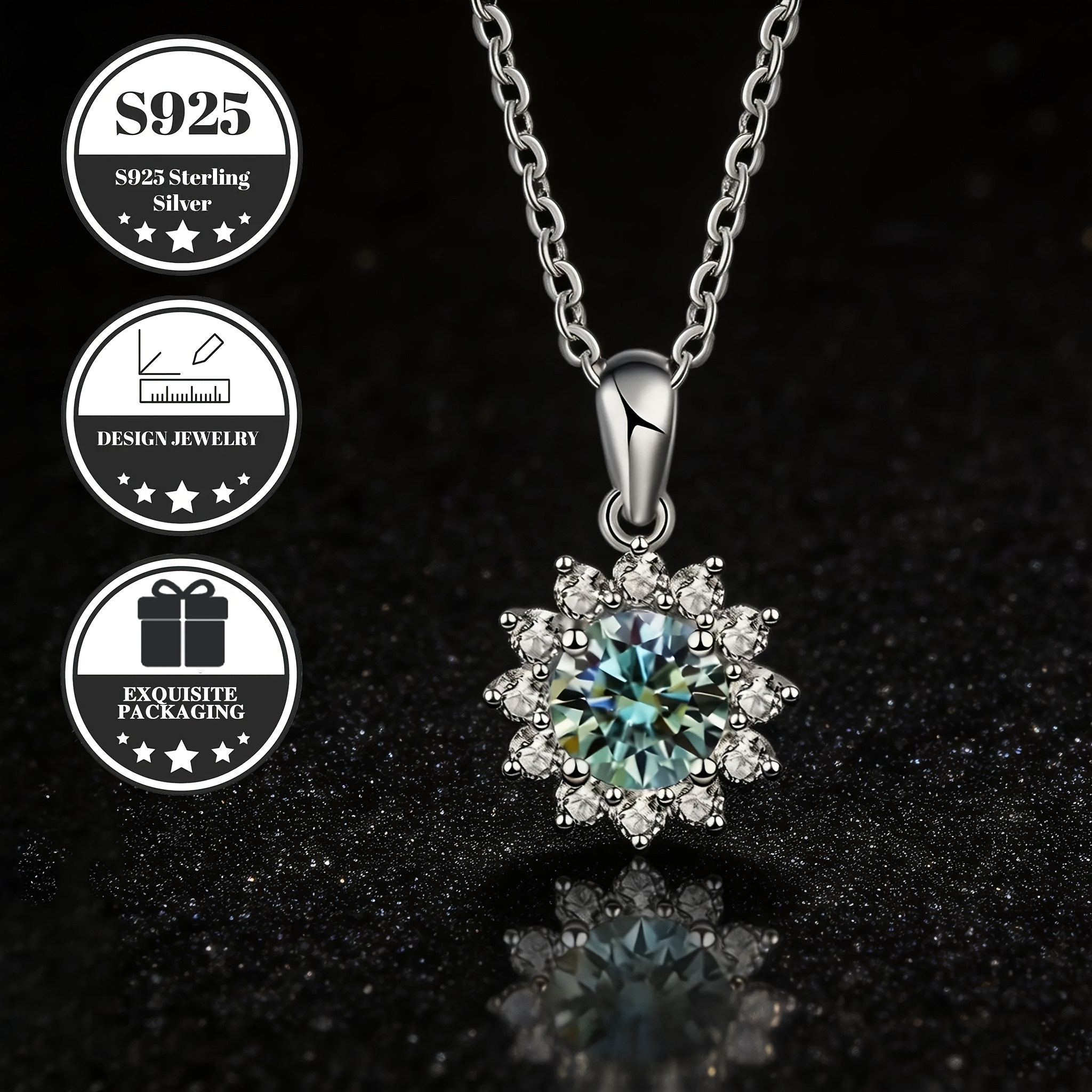 Image of S925 Sterling Moissanite Necklace, Sunflower Halo Pendant Silvery Chain, Hypoallergenic Anti-tarnish Fine Jewelry For Daily Wear, Ideal Birthday Valentine's Day Gift For Women Girlfriend