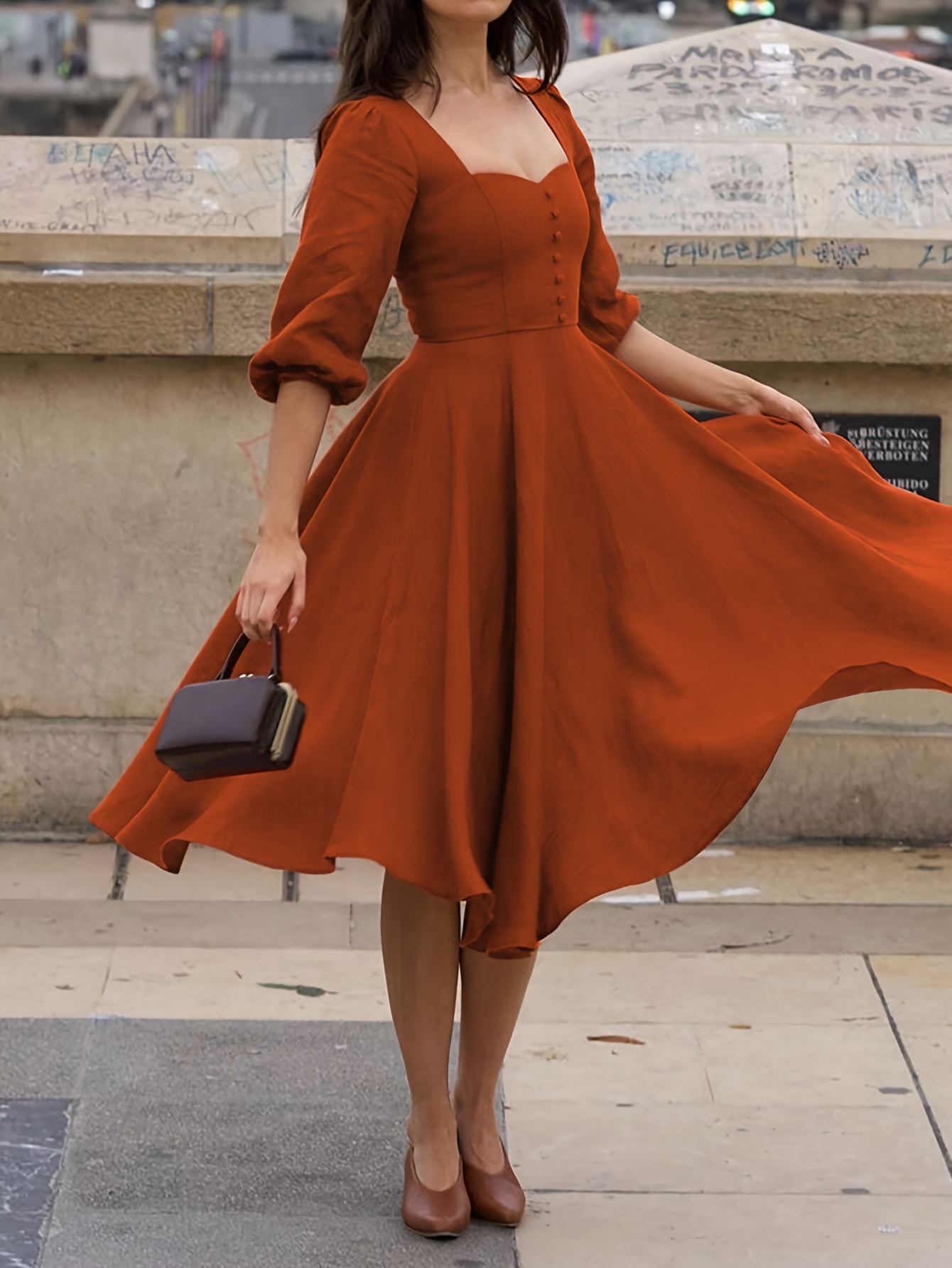 Solid Color Puff Sleeve Dress with Heart-Shaped Neckline and Three-Quarter  Sleeves, Suitable for Vacations and Banquets, Elegant Midi Skirt