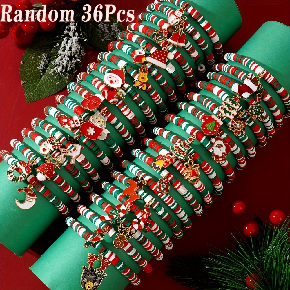 

36pcs Christmas Multi Style Bracelets Set For Women, Charm Bell Pendant Bracelet, Handmade Stackable Clay Beaded Bracelets, Christmas Party & New Year Gifts