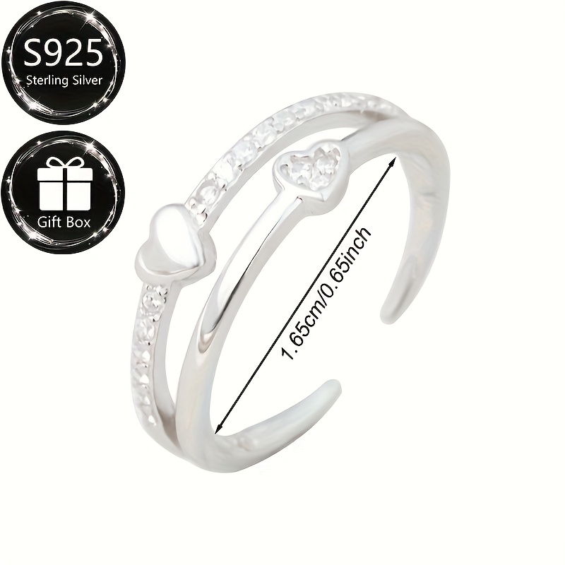 S925 Sterling Silver Micro Inlaid Love Heart Open Toe Ring