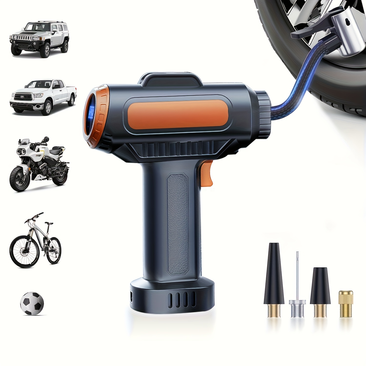 TEMU 1pc Tire Inflator Portable Air Compressor Car Air Pump With Digital Display, Led Lights, And A Set Of Nozzle Adapters, Suitable For Cars, Motorcycles, Bicycles, And Balls