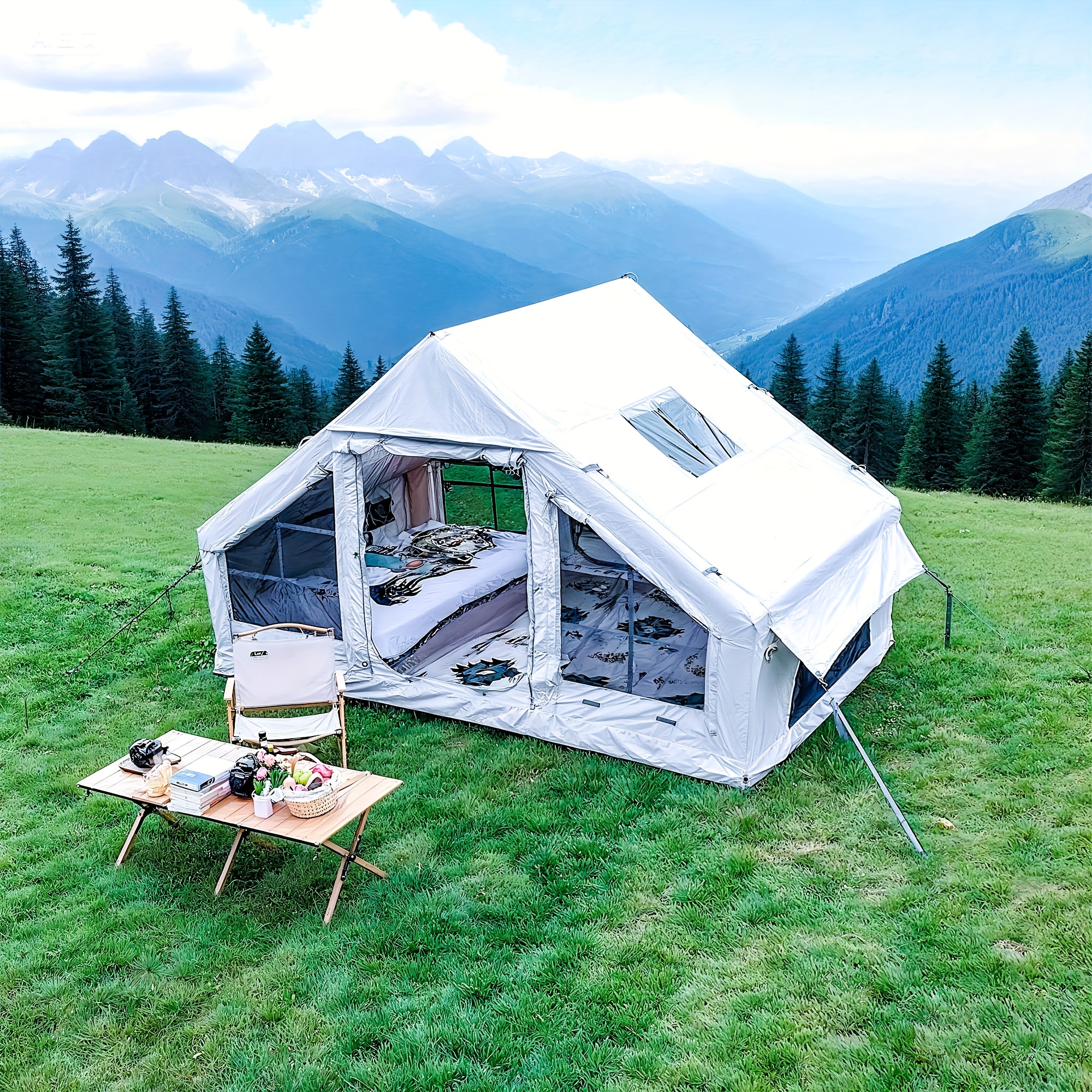 2026 new outdoor camping inflatable tent easy to set up with manual air pump large family luxury outdoor house   green khaki  