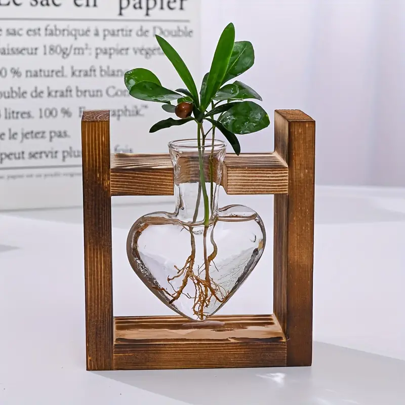 1 pack hydroponic plant terrarium love heart vase with wooden stand indoor hydroponic plant propagation station for home office garden decoration gift for flower pot lovers details 5