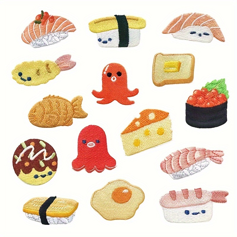 

15pcs Cartoon Sushi & Seafood Embroidered Patches, Iron-on Cloth Stickers For Clothing, Accessories, And Diy Crafts - Salmon Sushi, Octopus, Fish Roe, Egg Designs