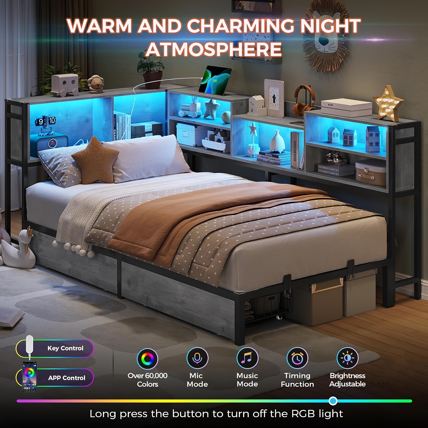 gray corner bed frame twin size metal platform bed frame with 2 drawers and bookcase storage twin daybed with led lights charging station corner twin bed frame for living room bedroom Product details 0