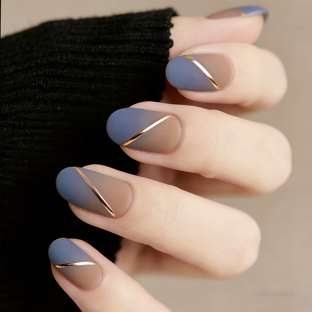 TEMU 24pcs Medium Oval Press-on Nails Matte Nails Blue French Style Fake Nails With Gilded Stripes Pattern And Gradient Artificial Reusable False