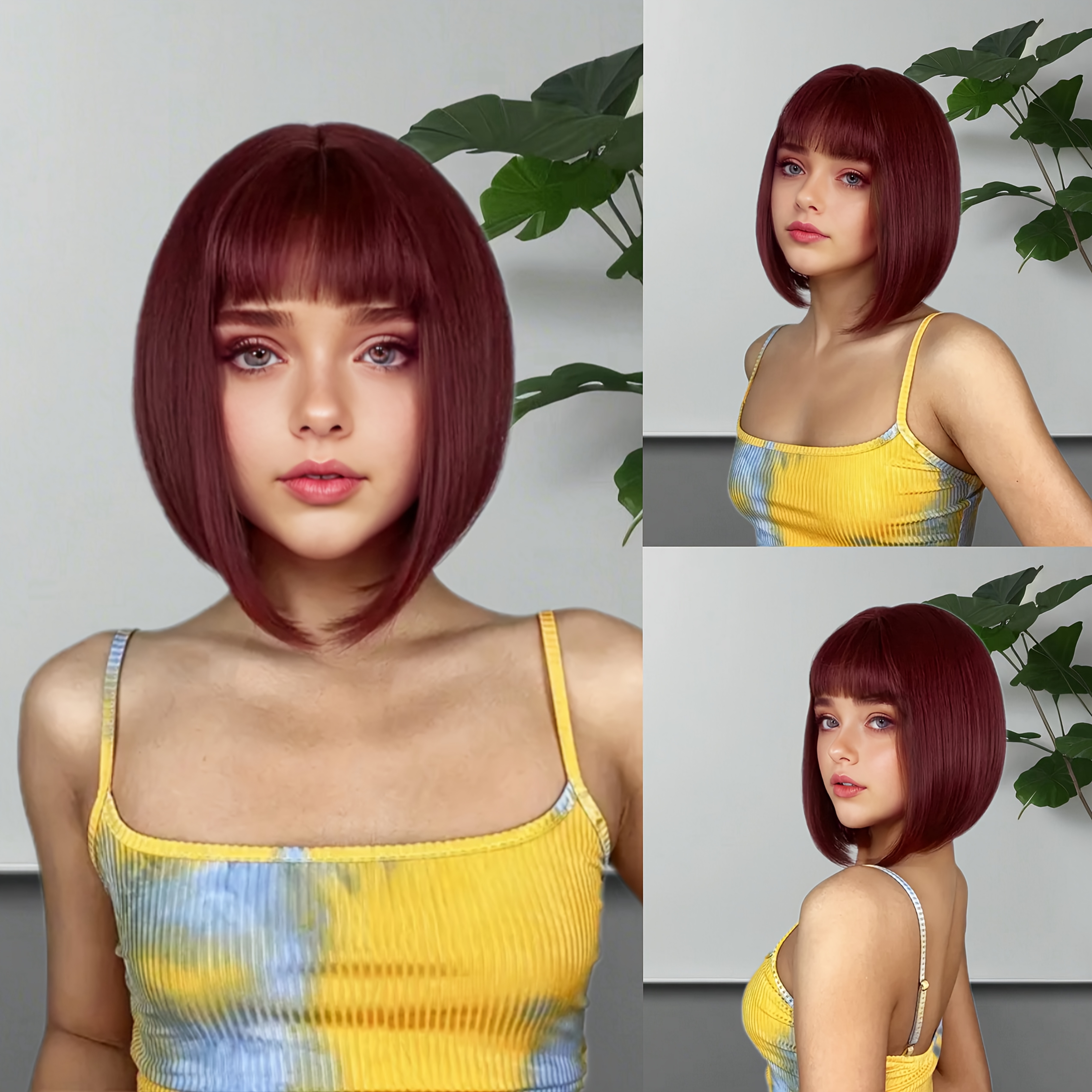 ショートストレートボブバーガンディワインレッドヘアウィッグ
