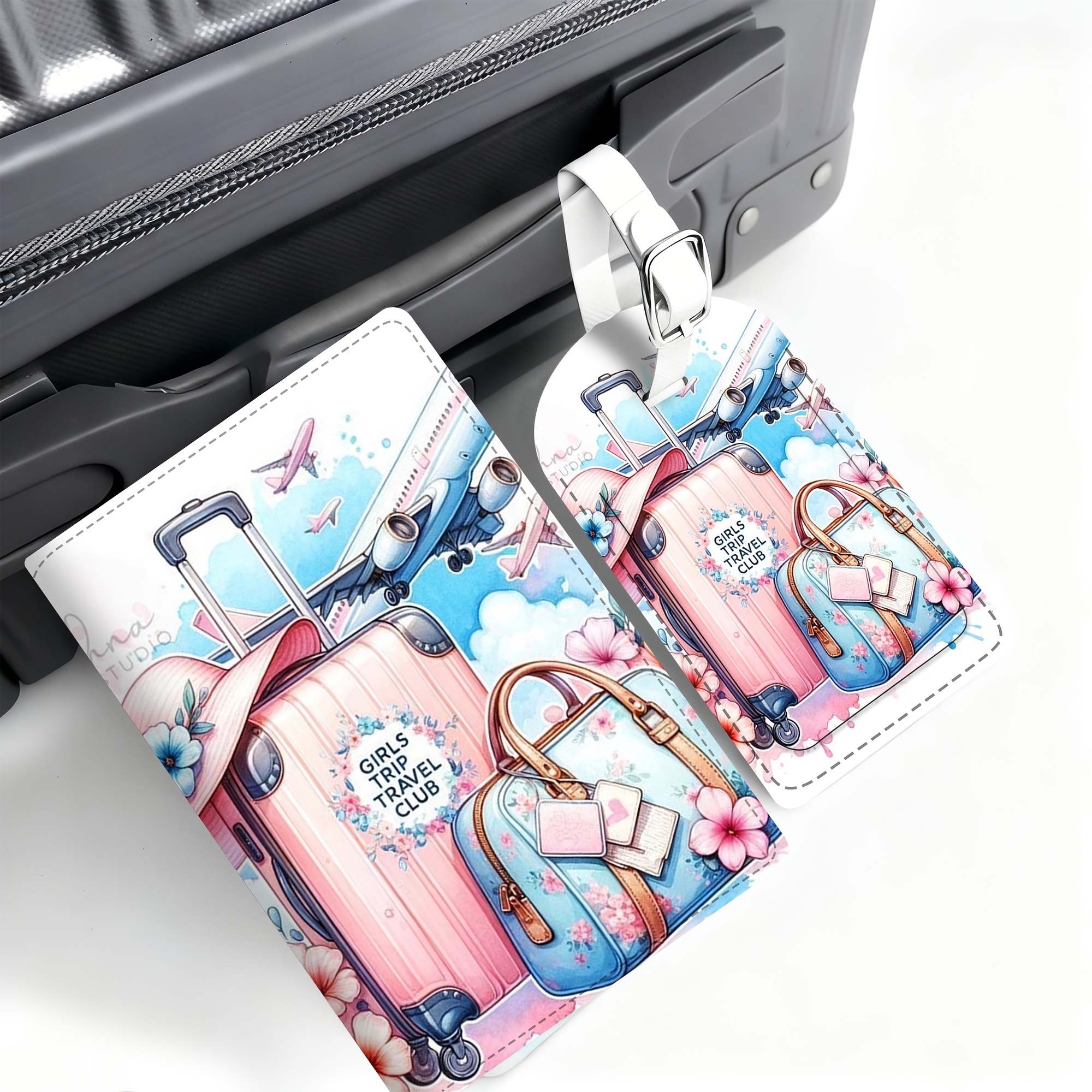 TEMU 2pcs Set Travel Illustration Passport Holder Luggage Tag, Lightweight Pu Material, Suitable For Travel Bags, Backpacks, Gym Bags, Luggage Id,