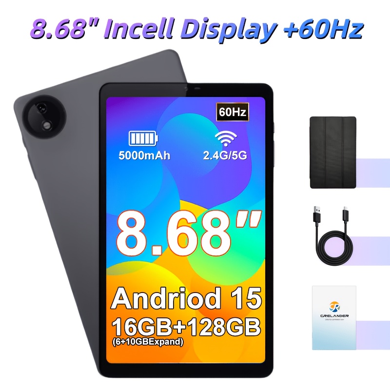 Image of Crelander New Mini Tablet 8.68 Inch Incell Screen, Corehigh-performance Cpu/60hz Refresh Rate, 15, 16gb (6+10gbexpand)+ 128gb Rom, +2.4g/5g Wifi+gps, 1340x800, With Protective Case
