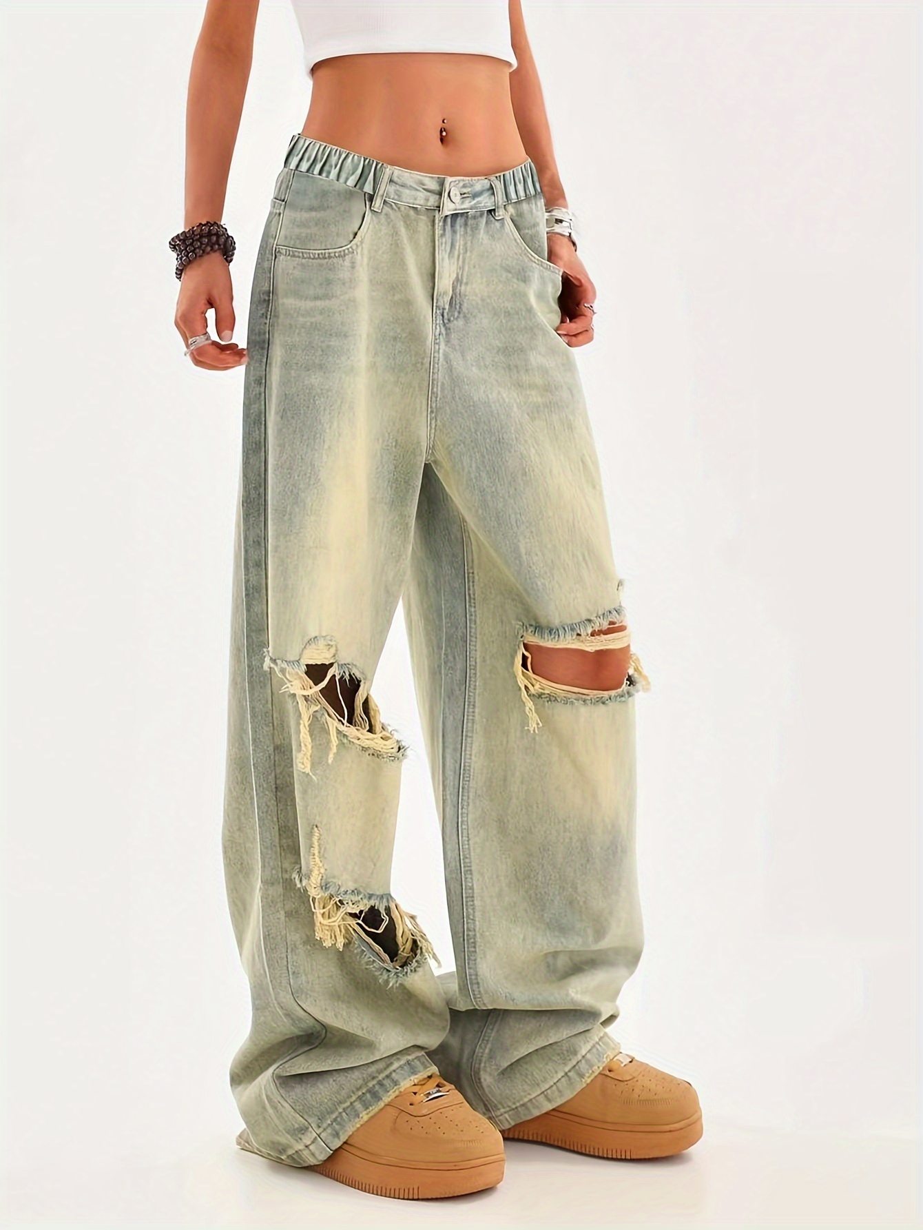 weekend casual washed denim ripped jeans women's loose fit Temu