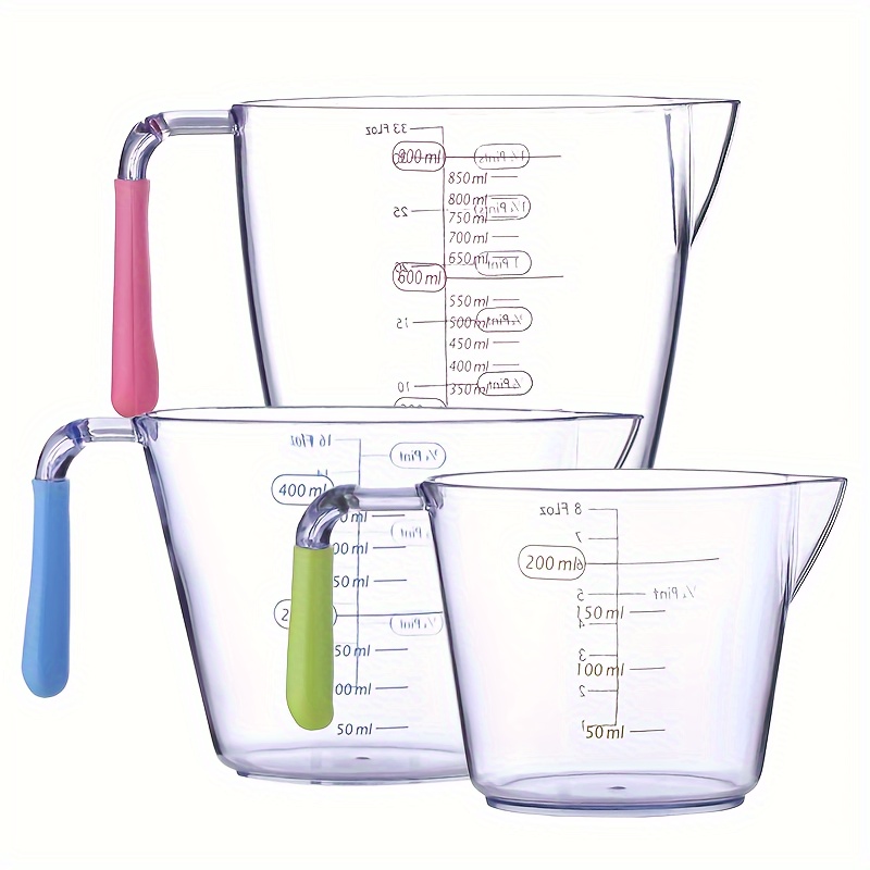 Image of Set Of 3 Plastic Measuring Cups Featuring Silicone Handles, Designed For Measuring Liquids In Milliliters And Cups - Suitable For Small And Large Kitchen Tasks
