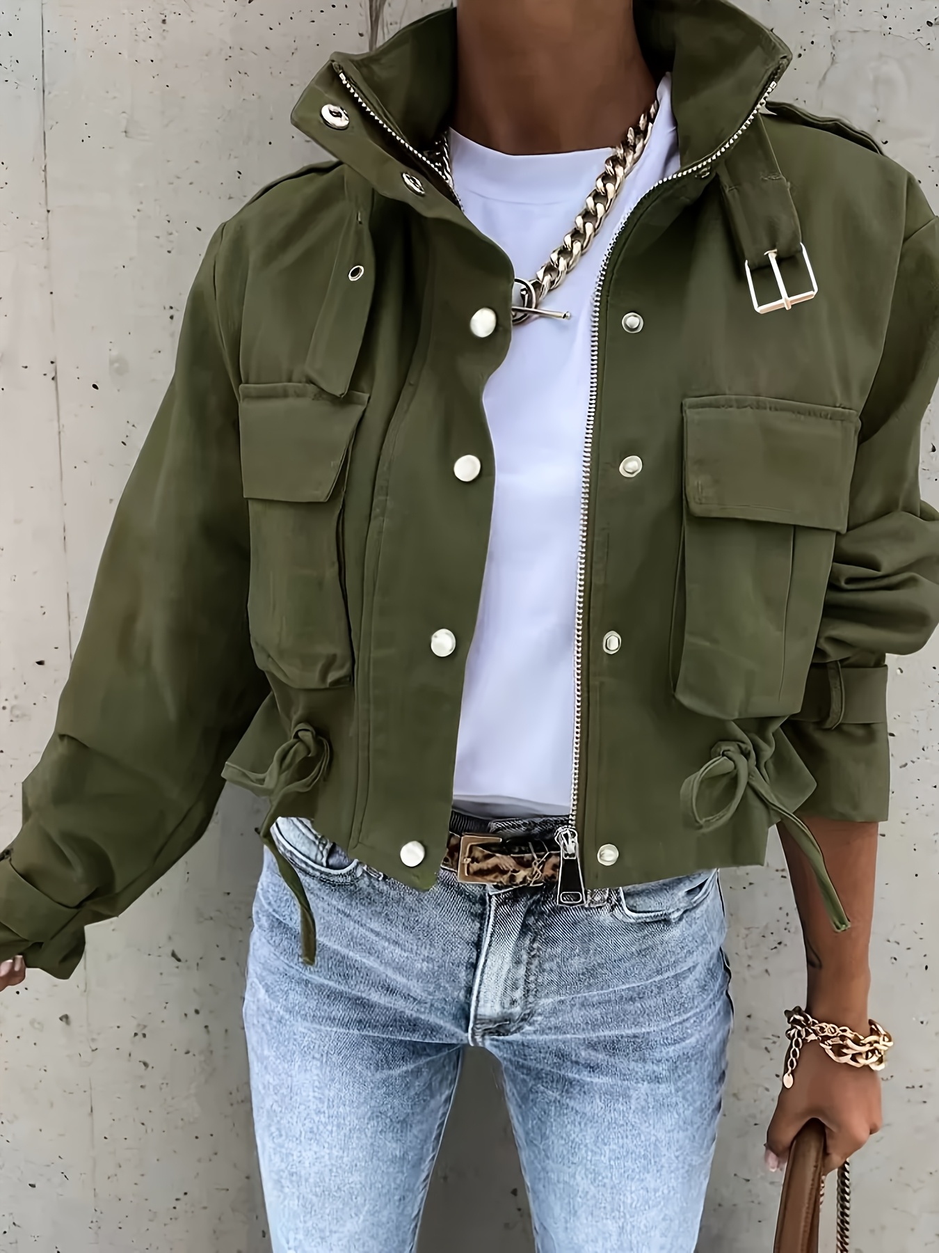   womens casual zip up jacket trendy lapel button long sleeve pocket biker coat spring autumn design with drawstring stand up collar top