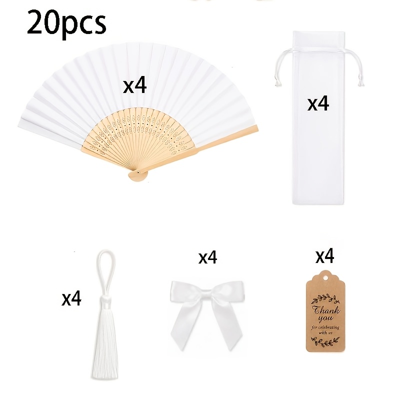 TEMU 20pcs/4 Sets Handheld Folding Fans: 4 Folding Fans + 4 Mesh Bags + 4 Tassels + 4 Bows And 4 Thank You Cards. Suitable For Wedding Favors, Bridal