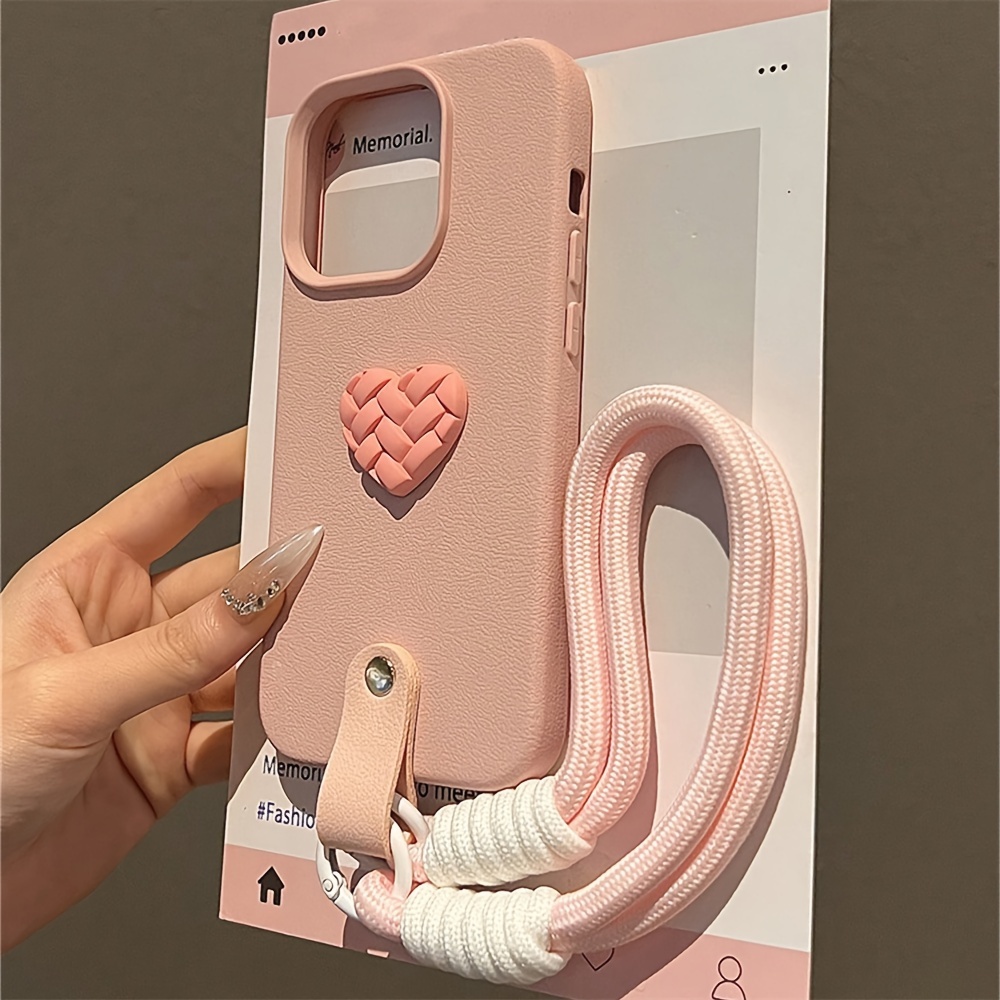 Stylish Braided Love Heart Phone Case with Portable Rope Compatible with iPhone 16 15 14 12 13 11 Pro Max, Shockproof Back Cover