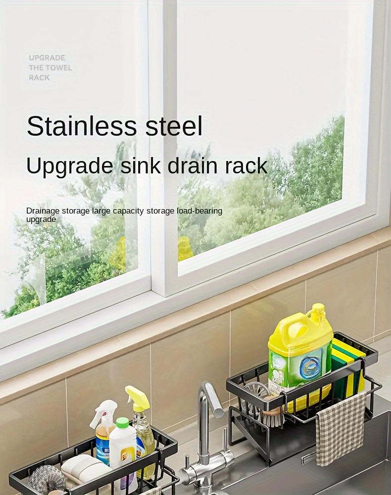   stainless steel kitchen sink organizer with dishcloth holder space saving storage rack for sponges soaps brushes cloths details 0