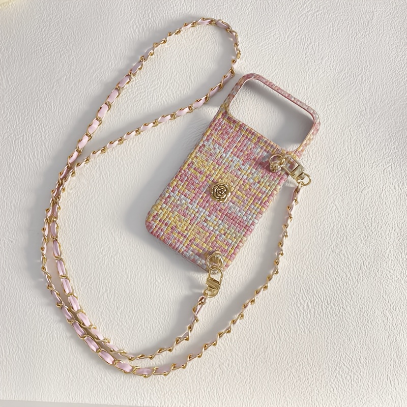 TEMU Étui de téléphone : Motif tissé color-block à fleurs avec longue bandoulière amovible en bandoulière pour iPhone 17/16/15/14/13/12/11 Pro Air,