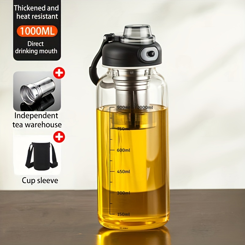 E-shop 1 Stück, 800ml/1000ml Großvolumige Sport-Wasserflasche Set mit Ein-Tasten-Deckel und Skala - Glas Kaffee- und Teebecher Set, Multifunktional,