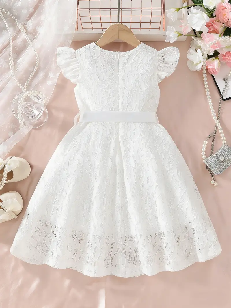 Girls' Elegant Dresses for Spring Summer, Solid Lace Round Neck Puff Sleeve Zipper Sweet Cute Dress, with Belt Suitable for Daily Casual Birthday Party Gift Girls' Elegant Dresses for Spring Summer, Solid Lace Round Neck Puff Sleeve Zipper Sweet Cute Dress, with Belt Suitable for Daily Casual Birthday Party Gift