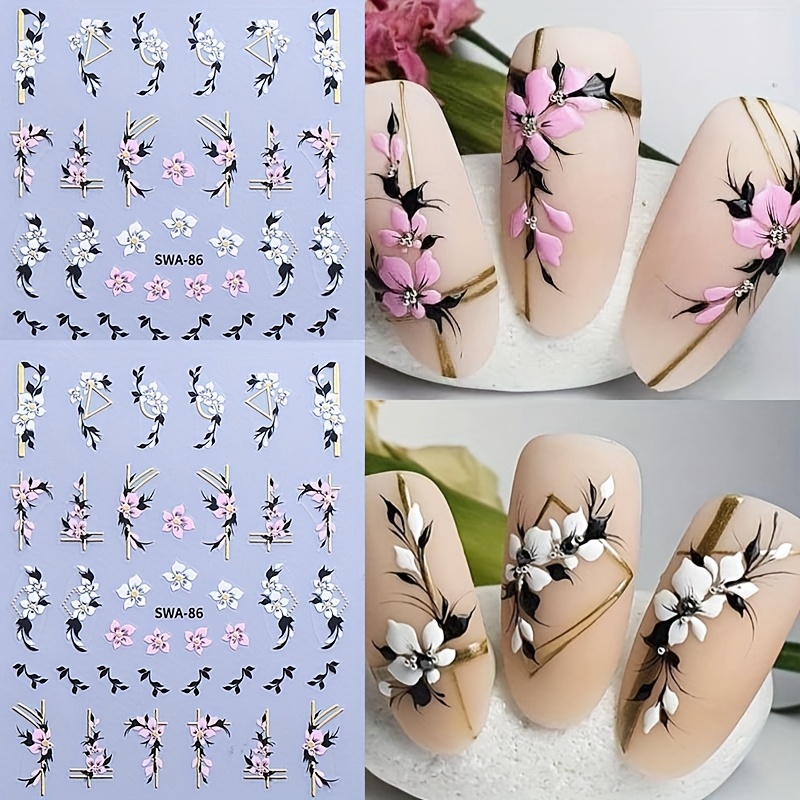 

2 Floral Nail Stickers Featuring And , Leaves, And Golden Lines. Self-adhesive Nail Decals Are Spring And Summer Nail Decoration, Suitable For Women And Girls' Nail Art Supplies.