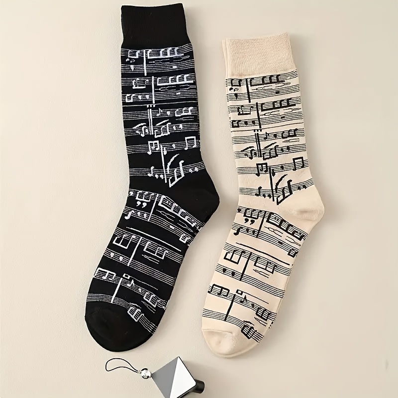 

2pcs Musical Notes Pattern Crew Socks, Polyester Knit Fabric, 100% Polyester, Hand Washable, Random , Unisex Mid-calf Socks