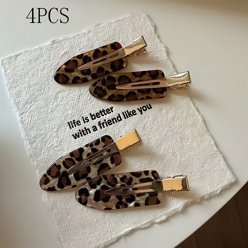 4pcs Simple And Versatile Elegant Coffee-colored Leopard Print Seamless Hair Duckbill Clips