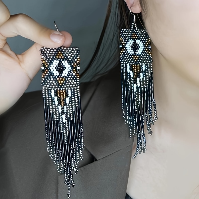 

Boho-chic Handcrafted Beaded Tassel Earrings - 2pc Set, Square Design With Stainless Steel Posts For Women | Perfect For Everyday & Vacation Wear Earrings For Women Jewelry For Women