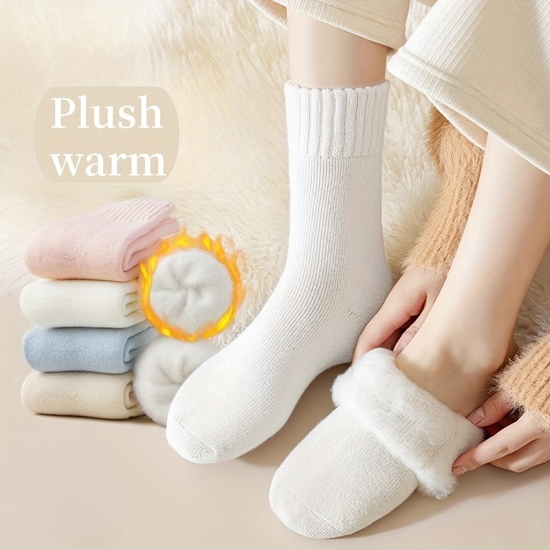 

4 paires de chaussettes solides en peluche doublées, chaussettes chaudes et confortables à tube moyen pour et l'hiver, bas et bonneterie pour femmes